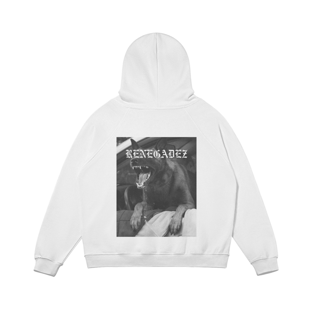 A white pullover hoodie shown from the back, featuring a large black and white graphic print of a snarling dog with the text 'RENEGADEZ' across the center.