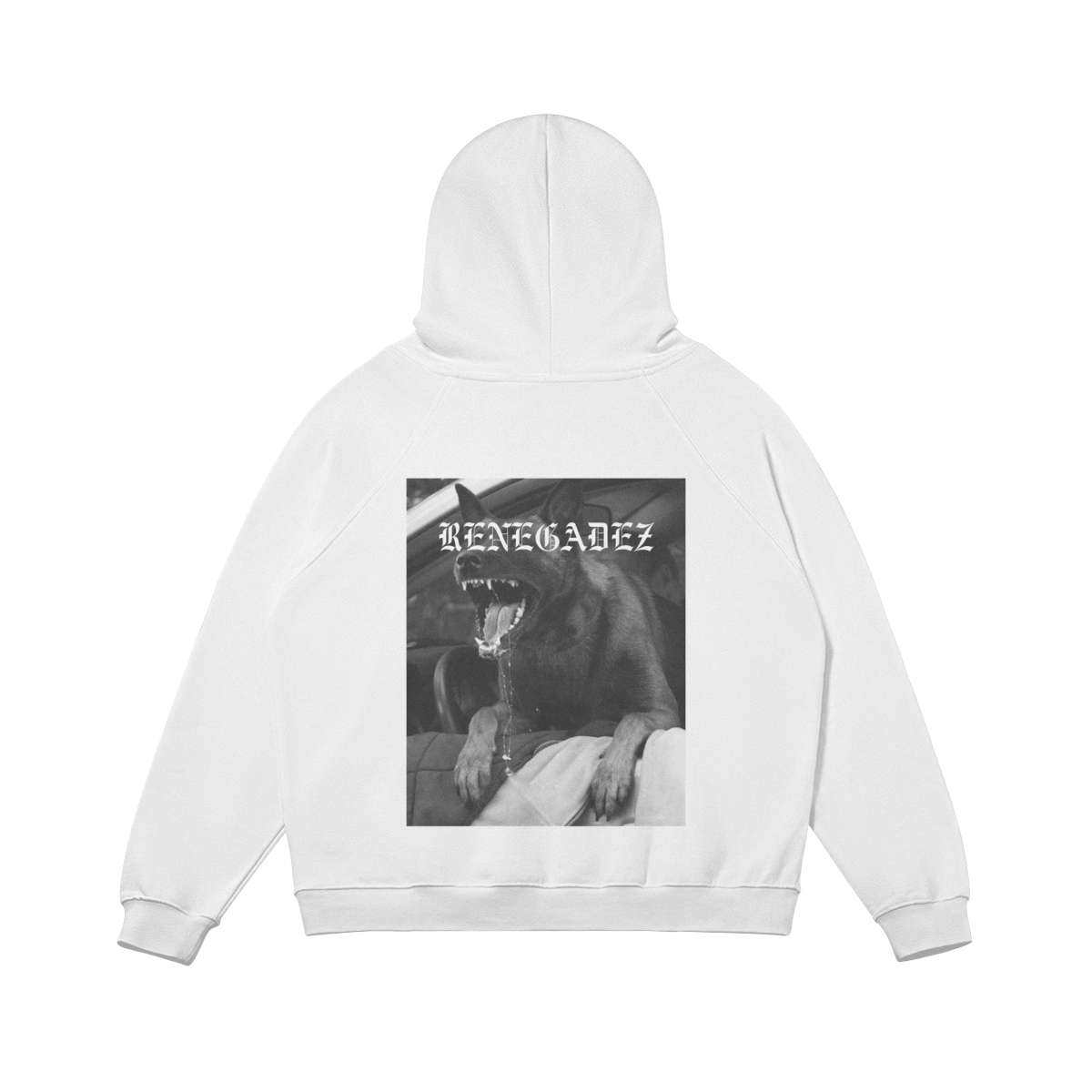 A white pullover hoodie shown from the back, featuring a large black and white graphic print of a snarling dog with the text 'RENEGADEZ' across the center.