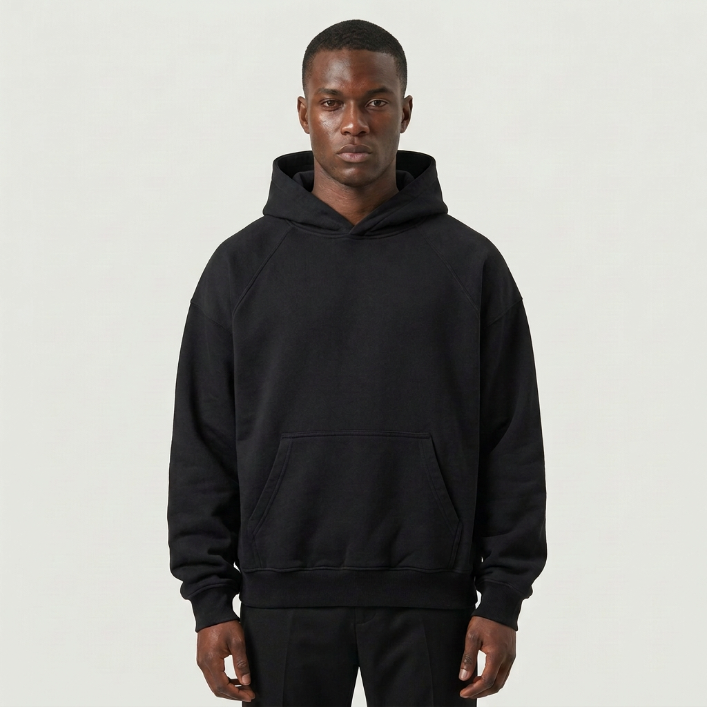 A man wearing a black pullover hoodie with a front kangaroo pocket, photographed against a plain light gray studio background.